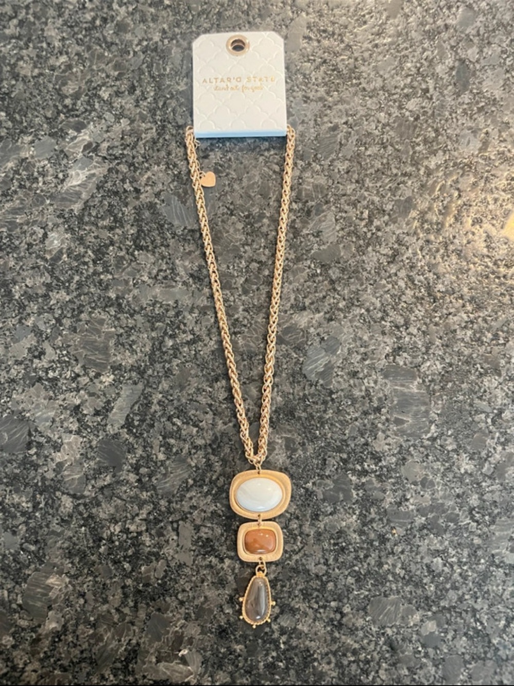 Altar'd State Gold-Tone Tri-Stone Pendant Necklace with Cream, Tan, Gray Accents